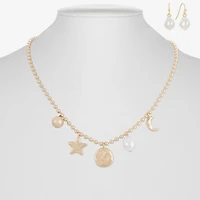 Liz Claiborne Gold Tone Charm Necklace & Drop Earring Womens Simulated Pearl Moon Star 2-pc. Jewelry Set