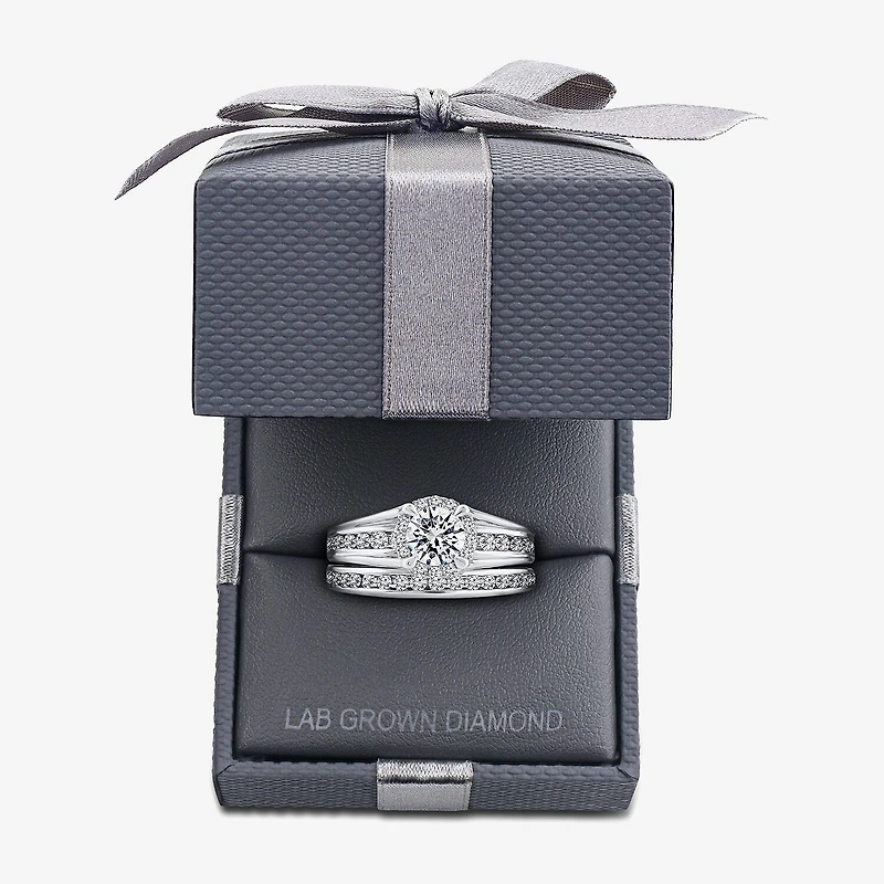 (F / VS2) Womens 1 1/2 CT. T.W. Lab Grown White Diamond 10K or 14K Gold Round Side Stone Bridal Set