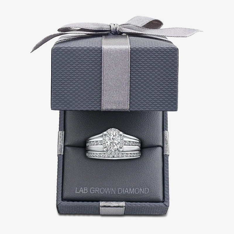 (G / Si1-Si2) Womens 1 1/2 CT. T.W. Lab Grown White Diamond 10K Gold Oval Side Stone Halo Bridal Set