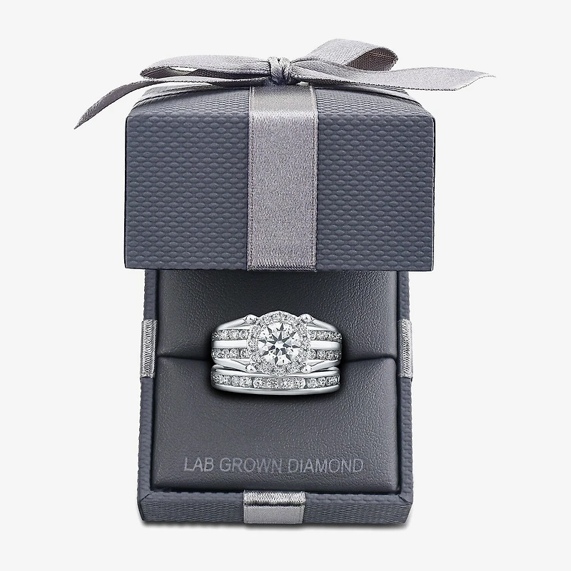 (F / Vs2 ) Womens 3 CT. T.W. Lab Grown White Diamond 10K Gold Round Side Stone Halo Bridal Set