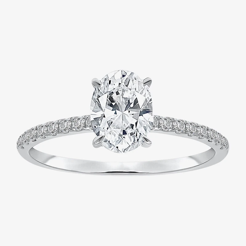 (I / Si2) Womens 1 1/7 CT. T.W. Lab Grown White Diamond Sterling Silver Oval Side Stone Engagement Ring