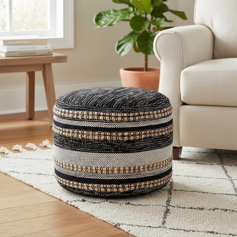 LR Home Briala 14" Handmade Cotton Blend Pouf in Black/White/Natural