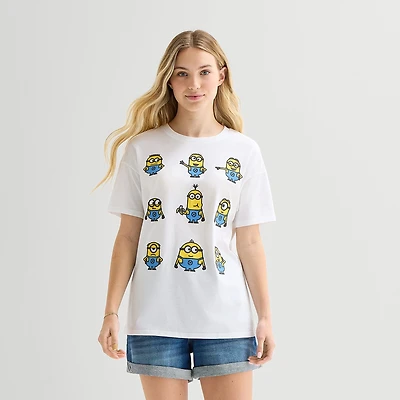 Minions Grid Boyfriend Tee Womens Juniors Crew Neck Short Sleeve Loose Fit Graphic T-Shirt