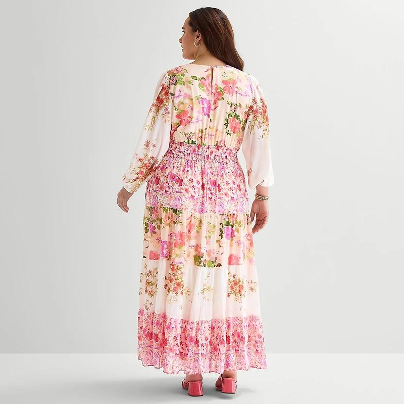 Melonie T Womens Plus V Neck Long Sleeve Balloon Maxi Dress