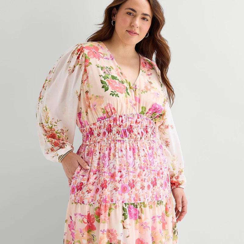 Melonie T Womens Plus V Neck Long Sleeve Balloon Maxi Dress