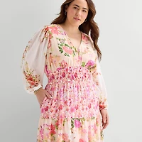 Melonie T Womens Plus V Neck Long Sleeve Balloon Maxi Dress