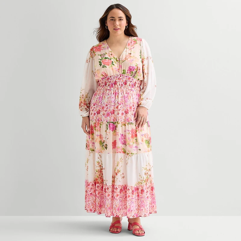 Melonie T Womens Plus V Neck Long Sleeve Balloon Maxi Dress