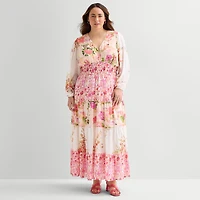 Melonie T Womens Plus V Neck Long Sleeve Balloon Maxi Dress