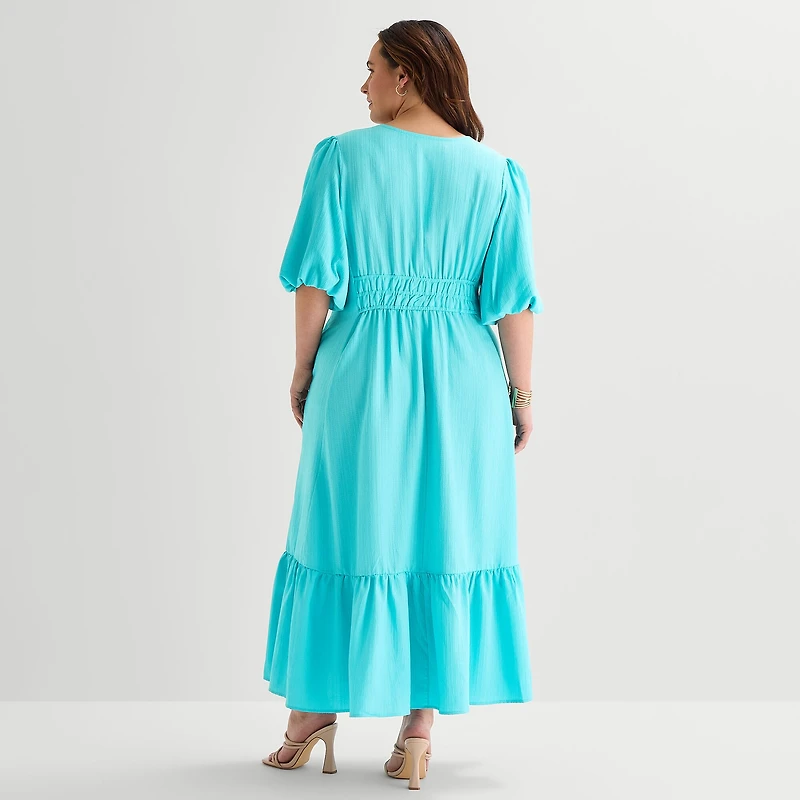 Melonie T Womens Plus Midi V Neck Short Sleeve Puffed Fit + Flare Dress