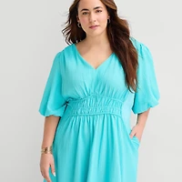Melonie T Womens Plus Midi V Neck Short Sleeve Puffed Fit + Flare Dress