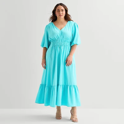 Melonie T Womens Plus Midi V Neck Short Sleeve Puffed Fit + Flare Dress