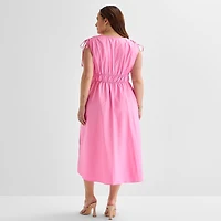 Melonie T Womens Plus Midi V Neck Sleeveless Fit + Flare Dress