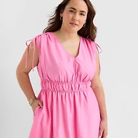 Melonie T Womens Plus Midi V Neck Sleeveless Fit + Flare Dress