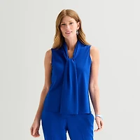Black Label by Evan-Picone Womens Split Tie Neck Sleeveless Blouse