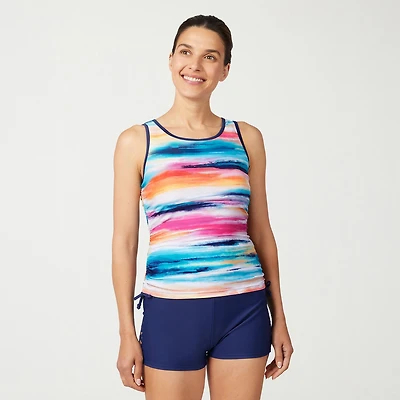 Free Country Womens Built Bra Shirred Stretch Fabric Striped Tankini Swimsuit Top