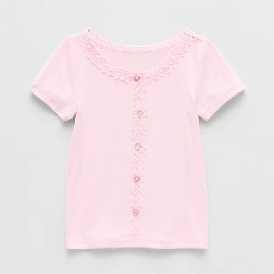 Okie Dokie Toddler & Little Girls Short Sleeve Regular Fit Lace Trim Shirt