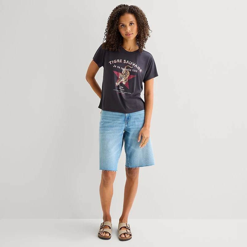 Arizona Womens Juniors Crew Neck Short Sleeve Regular Fit Graphic T-Shirt