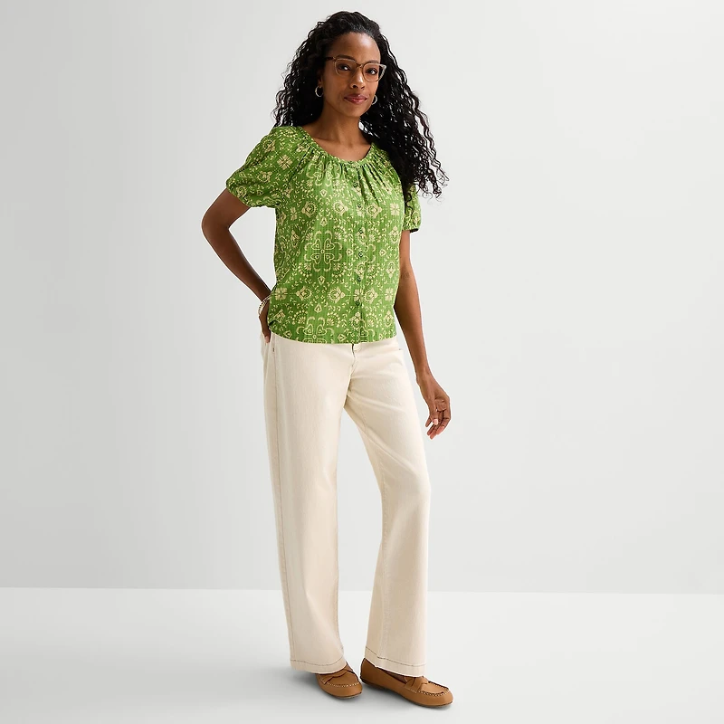 St. John's Bay Womens Round Neck Short Sleeve Regular Fit Button-Down Shirt