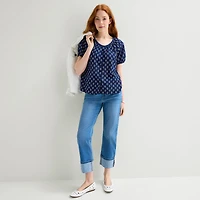 St. John's Bay Womens Round Neck Short Sleeve Regular Fit Button-Down Shirt