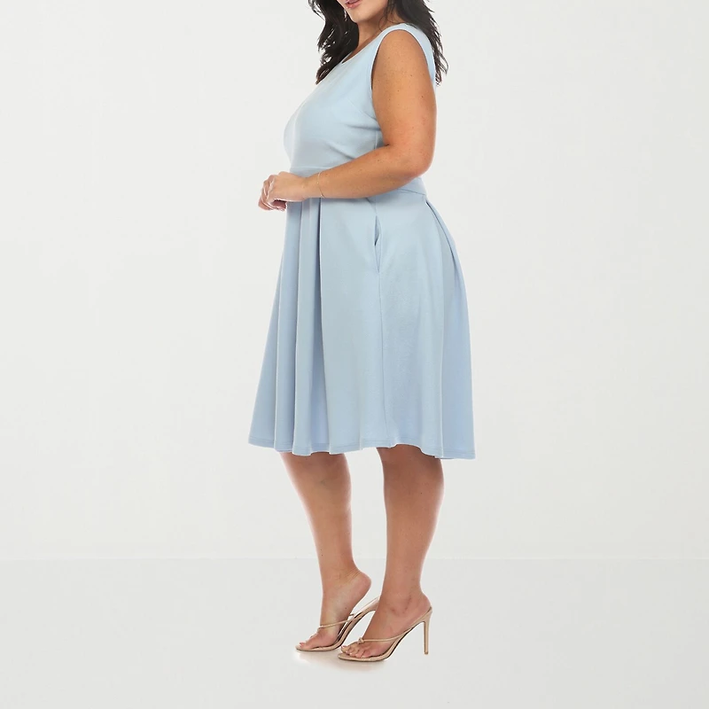 White Mark Womens Plus Round Neck Sleeveless Fit + Flare Dress