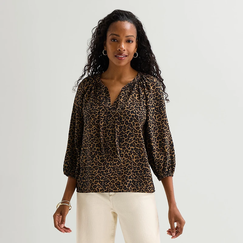 St. John's Bay Womens Split Tie Neck 3/4 Sleeve Blouse