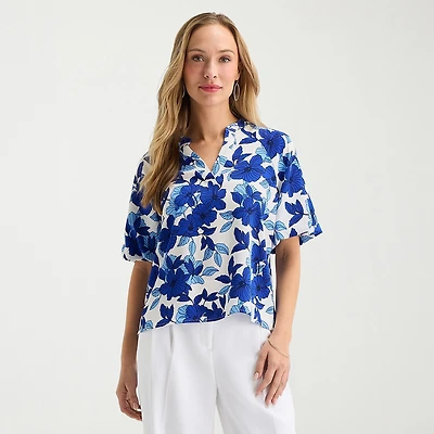 Liz Claiborne Womens Tall V Neck Short Sleeve Satin Blouse