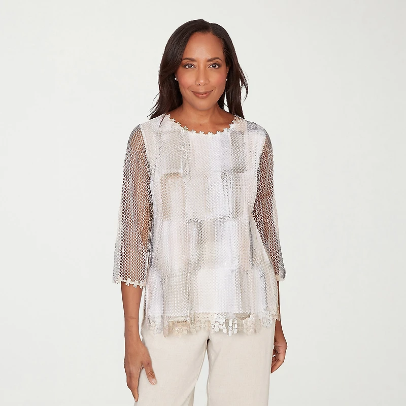 Alfred Dunner Natural Wonder Womens Crew Neck 3/4 Sleeve T-Shirt