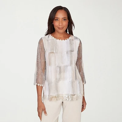 Alfred Dunner Natural Wonder Womens Crew Neck 3/4 Sleeve T-Shirt