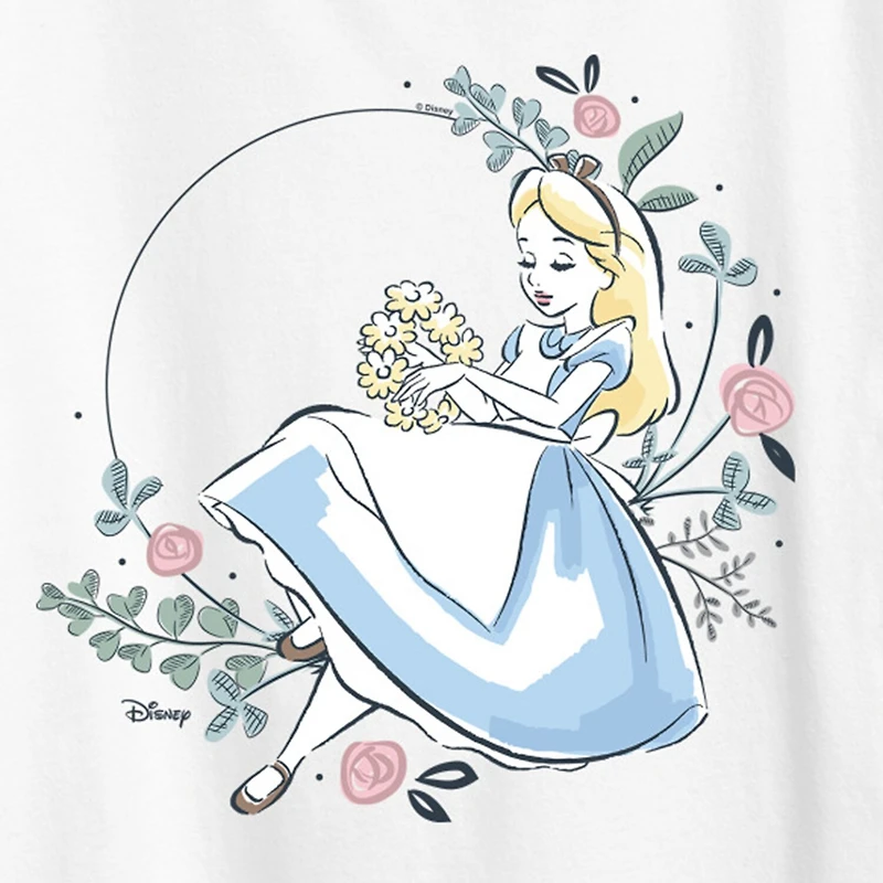 Circle Of Flowers Womens Crew Neck Short Sleeve Classic Fit Alice Wonderland Graphic T-Shirt