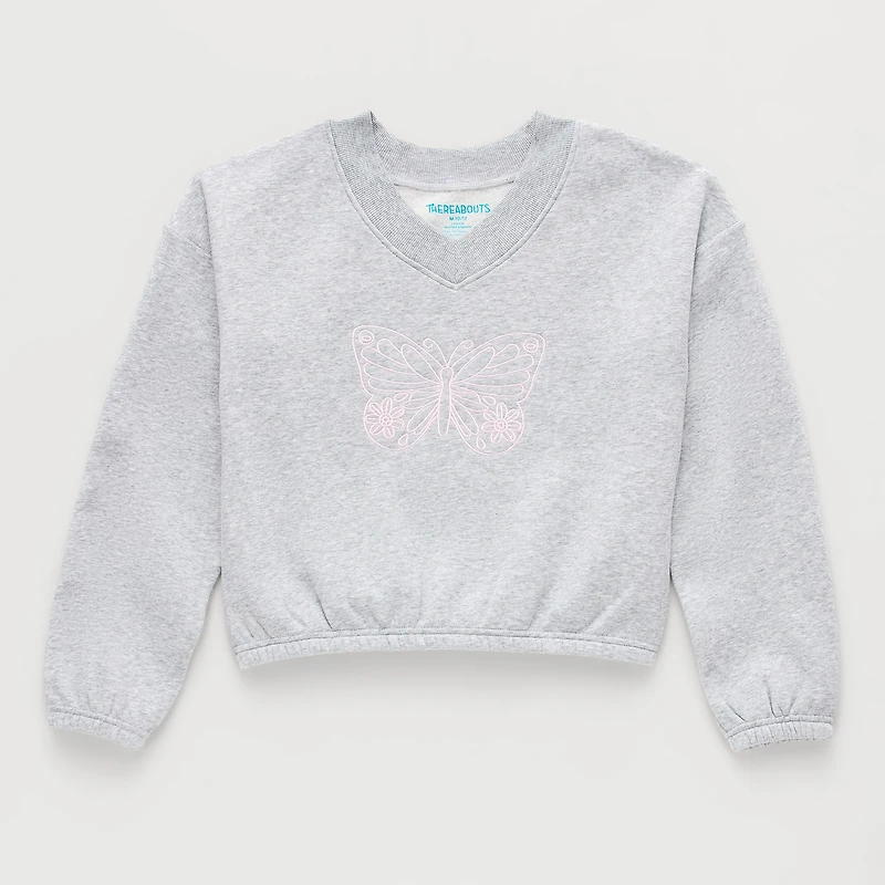 Thereabouts Little & Big Kid Girls V Neck Fleece Embroidered Long Sleeve Sweatshirt