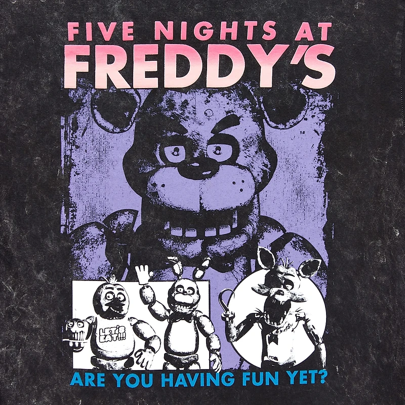 Womens Juniors Crew Neck Elbow Sleeve Oversized Five Nights at Freddys Graphic T-Shirt