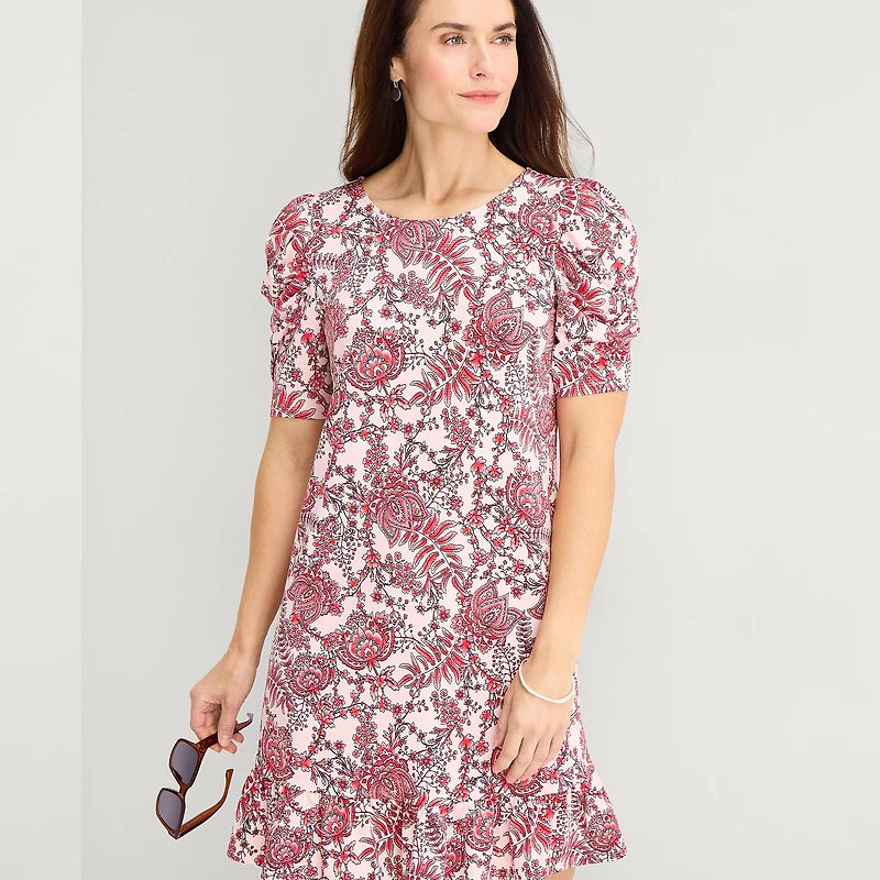 MSK Womens Round Neck Short Sleeve Puffed Paisley Fit + Flare Dress