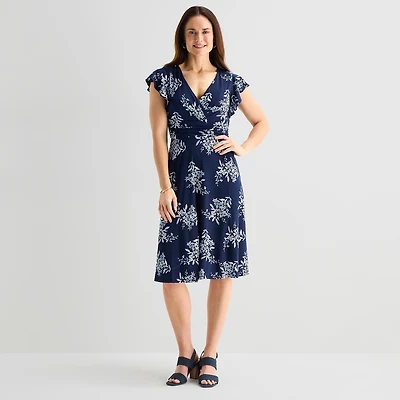Jessica Howard Womens V Neck Short Sleeve Floral Fit + Flare Dress
