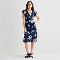 Jessica Howard Womens V Neck Short Sleeve Floral Fit + Flare Dress