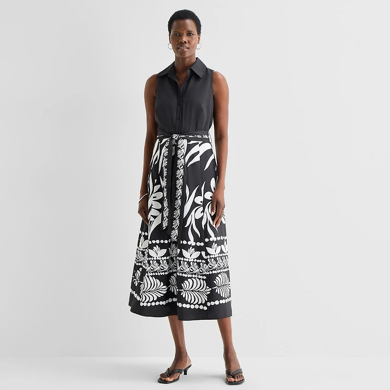 52seven Womens Midi Sleeveless Leaf Fit + Flare Dress