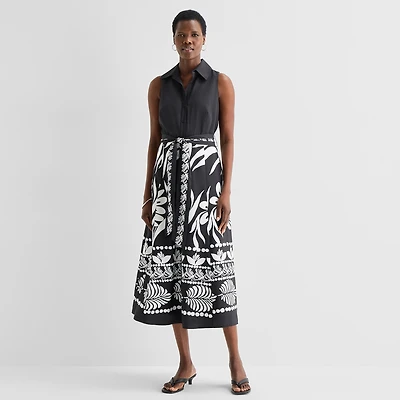 52seven Womens Midi Sleeveless Leaf Fit + Flare Dress