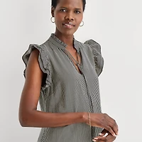 52seven Womens Split Tie Neck Sleeveless Striped Shift Dress