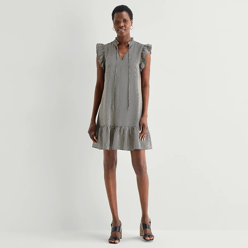 52seven Womens Split Tie Neck Sleeveless Striped Shift Dress