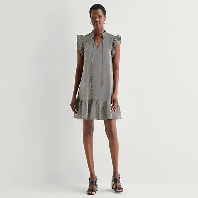 52seven Womens Split Tie Neck Sleeveless Striped Shift Dress