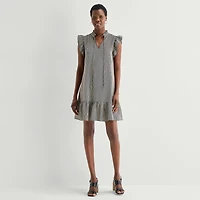 52seven Womens Split Tie Neck Sleeveless Striped Shift Dress