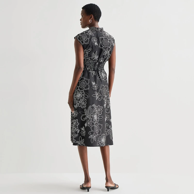 52seven Womens Midi V Neck Sleeveless Cap Floral Fit + Flare Dress