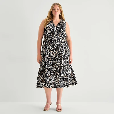 Isabel & Nina Womens Plus Midi V Neck Sleeveless Leaf Fit + Flare Dress
