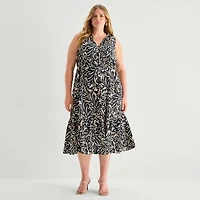 Isabel & Nina Womens Plus Midi V Neck Sleeveless Leaf Fit + Flare Dress