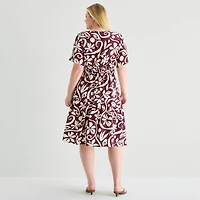 Isabel & Nina Womens Plus Midi Notch Neck Short Sleeve Flutter Abstract Fit + Flare Dress