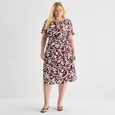 Isabel & Nina Womens Plus Midi Notch Neck Short Sleeve Flutter Abstract Fit + Flare Dress