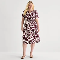 Isabel & Nina Womens Plus Midi Notch Neck Short Sleeve Flutter Abstract Fit + Flare Dress