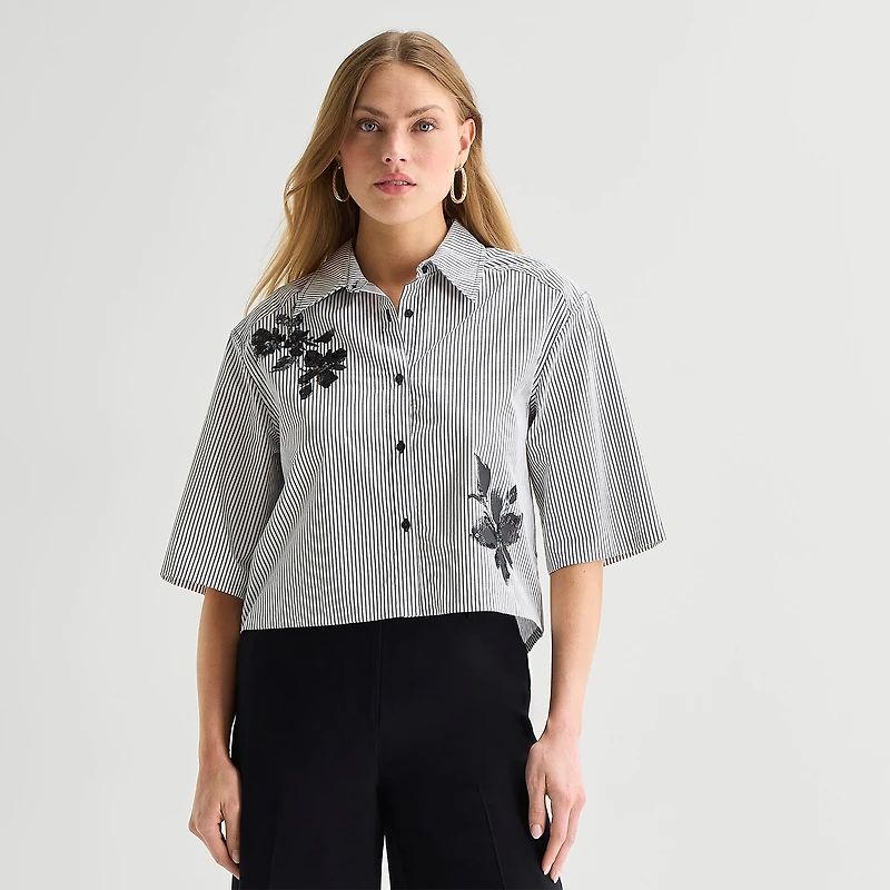 Worthington Womens Short Sleeve Regular Fit Poplin Button-Down Shirt