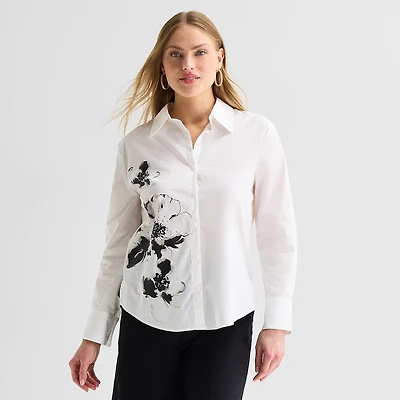 Worthington Womens Long Sleeve Embellished Button-Down Shirt