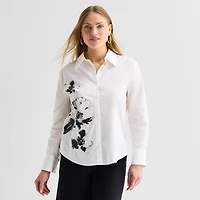 Worthington Womens Long Sleeve Embellished Button-Down Shirt