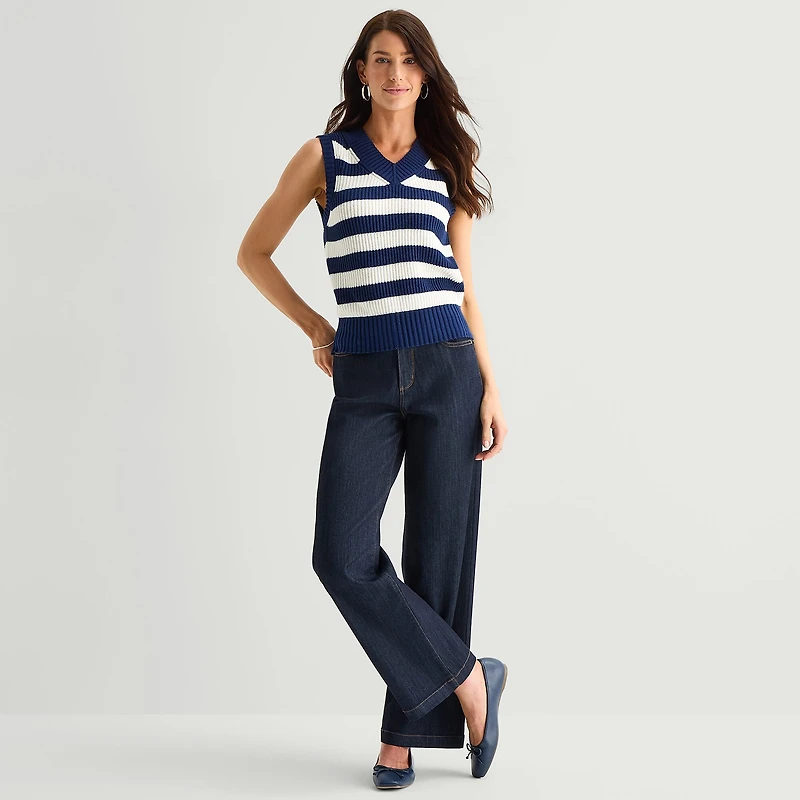 St. John's Bay Womens V Neck Striped Cable Knit Sweater Vest